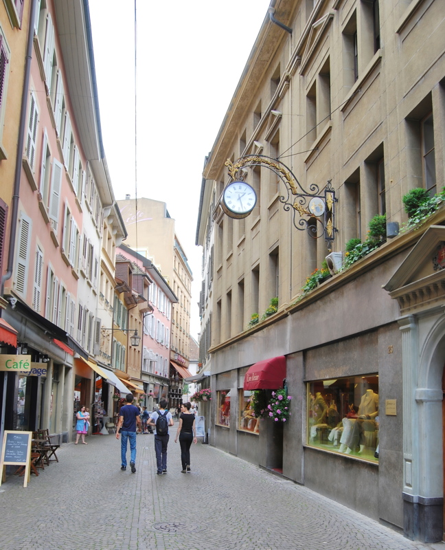 25 - A view of Rue du Lac in the historic pedestrian old town of Vevey, Switzerland, located on the shore of Lake Geneva